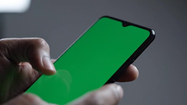 Hand Holding Smartphone with Green Screen, mobile mockup concept