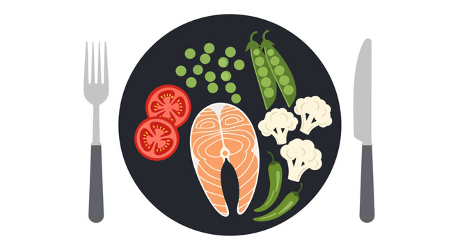 A stylized top-down vector illustration depicts a balanced meal on a dark plate featuring a salmon steak, sliced tomatoes, peas, cauliflower, and chilies, set between a grey fork and knife