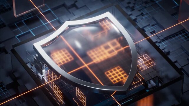 Abstract security shield in a dynamic digital environment, cyber protection and data integrity motion graphic