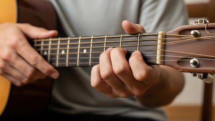 Fototapeta premium Close-up of a person playing an acoustic guitar with a shallow depth of field.