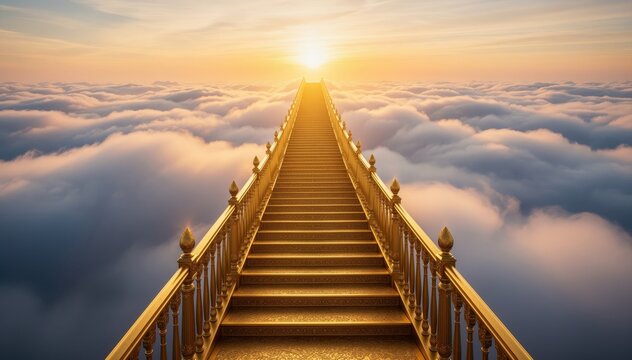 Golden Path to Enlightenment: Ascend a golden staircase that stretches towards a brilliant sun, a metaphor for aspiration, faith, and the endless pursuit of knowledge and spiritual growth.