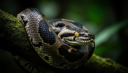 Obraz premium Snake in its Habitat: A close-up shot captures the coiled form of a majestic snake as it rests on a tree branch, its eyes fixated, highlighting its scales and the dense jungle surroundings.