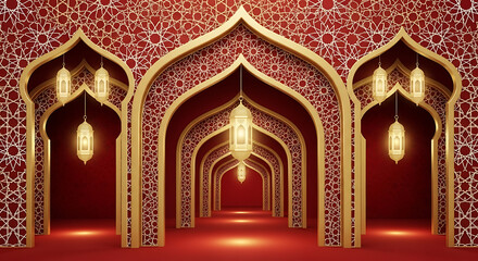 Ornate islamic archway with lanterns in red corridor