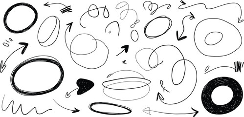 Handdrawn abstract loops and arrows collection isolated on transparent background