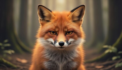 Fototapeta premium The Fox's Gaze: A captivating portrait of a red fox, its fiery fur contrasting with the serene forest backdrop, draws the viewer into its world, where nature's beauty meets untamed wilderness.