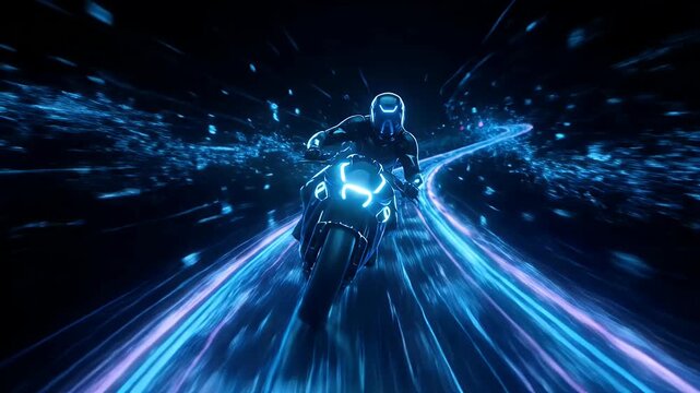 Cyberpunk neon motorcycle rider speeding through digital data tunnel
