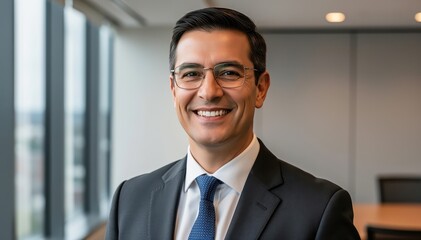 Fototapeta premium Confident Executive Portrait: A poised executive in a sophisticated business suit exudes confidence, captured in a bright office environment.