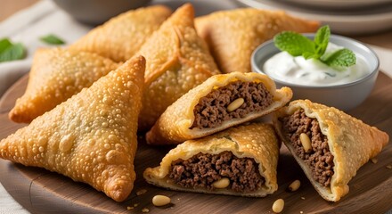 Deep-fried triangular pastries filled with spiced minced lamb and pine nuts