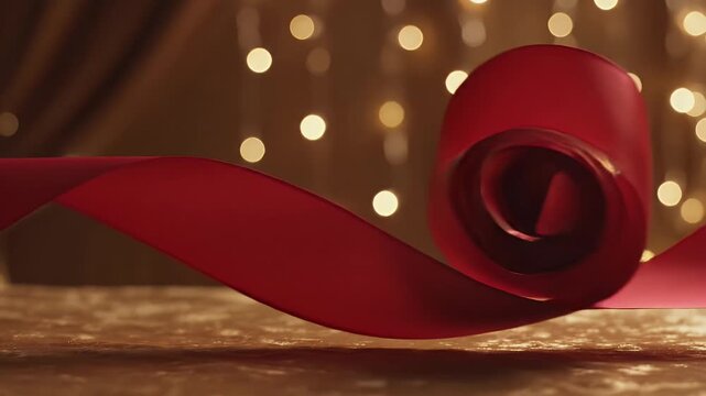 Elegant Red Ribbon Unveiled - A Festive Display of Celebration and Decoration.