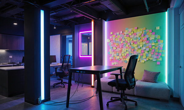 Tech startup bullpen, standing desks with cable management systems exposed, shot from kitchen area showing work-life integration, RGB LED strips