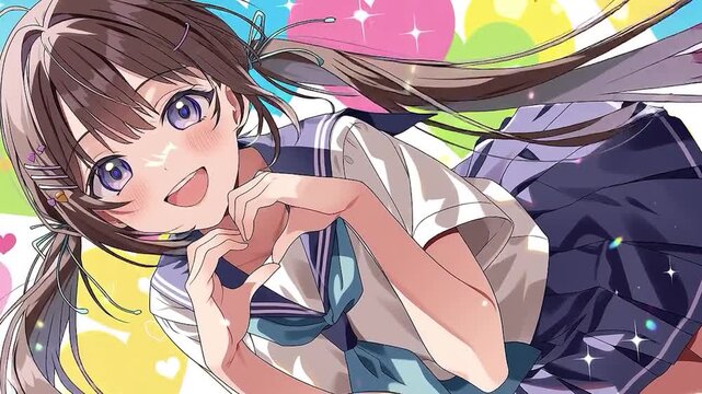 Cute anime style girl smiling with heart background, love and Valentine concept
