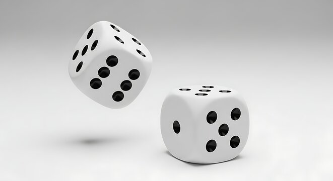 Two white dice with black dots falling and standing on a plain surface