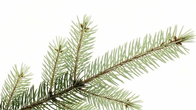 Close-up of a pine tree branch with green needles on a white background.