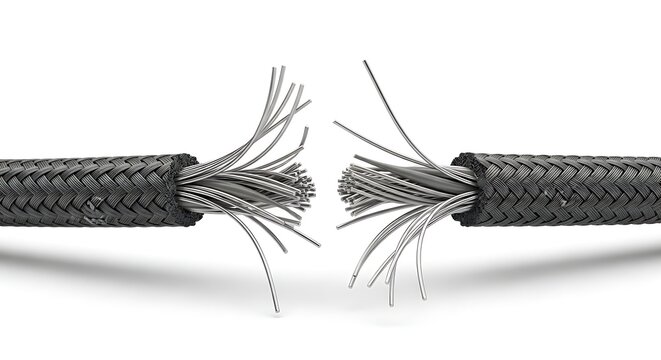Broken black braided cable with frayed wires on white background