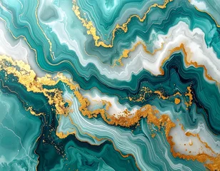 Crédence de cuisine Cristaux A vibrant abstract depiction of swirling teal, gold, and white hues  © Muklis