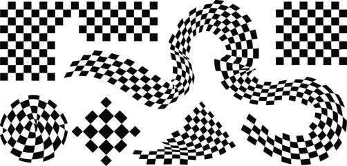 Abstract geometric checkerboard patterns with dynamic distortions and swirls