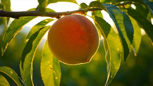 Ripe peach fruit hanging on tree branch with green leaves sunlight