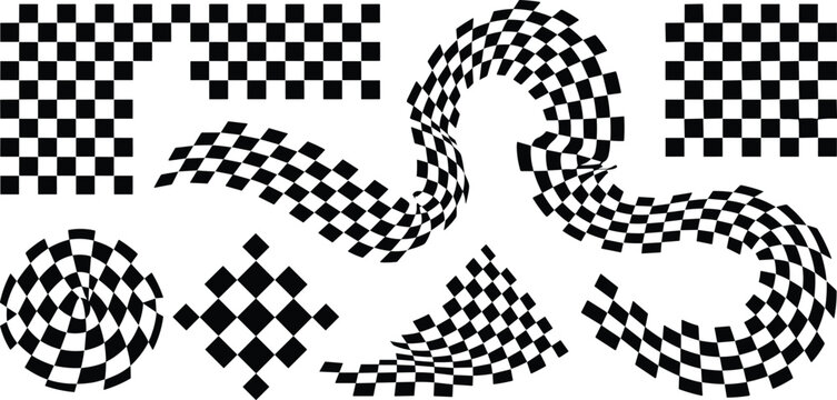 Abstract geometric checkerboard patterns with dynamic distortions and swirls