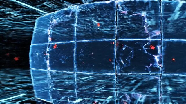 Abstract concept of a digital shield or firewall blocking malicious cyberattacks and data breaches. Represents advanced network security, robust cyber defense, and proactive threat protection for...