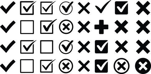 Collection of checkmarks and crosses in various styles and designs