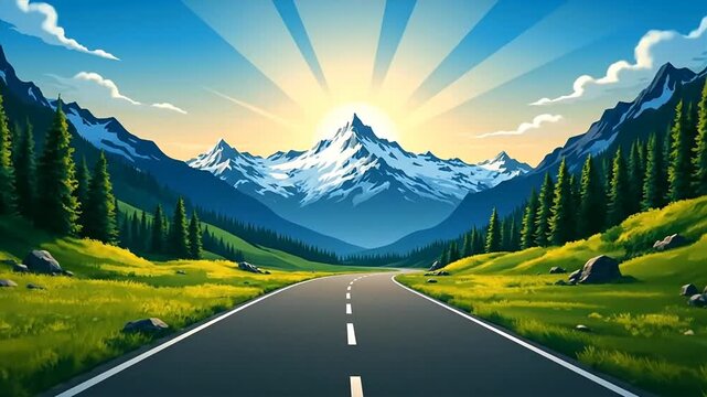 Road leading to majestic mountains with sunlight and clear blue sky
