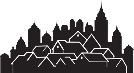 Fototapeta premium City Skyline with Houses and Buildings in Black Silhouette