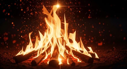 campfire flames burning bright, sparks flying, dark background