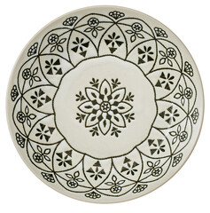 Round ivory ceramic plate with black floral mandala patterns isolated on white, PNG
