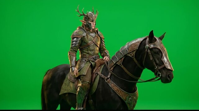 Fantasy elf warrior riding a horse isolated on green screen background