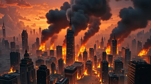 Cityscape in Flames with Smoke Rising High.