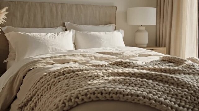 A well-appointed bed features neutral bedding a chunky knit blanket and side tables with lamps beside a window with foliage