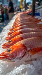 Fresh Red Fish on Ice at Seafood Market