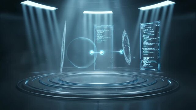 Futuristic holographic user interface screens floating above digital podium platform in dark room