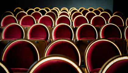 Elegant Theater Interior with Rows of Premium Velvet Seating and Glow