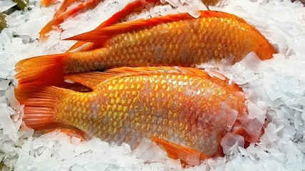 Fresh Red Fish on Ice at Seafood Market