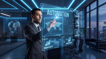 Obraz premium Businessman interacting with futuristic automation interface in modern office with blue neon lighting for technology