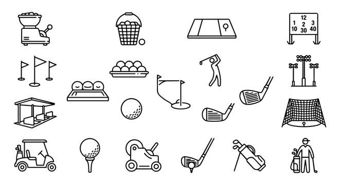 Golf practice facility icon set with driving range, ball machine, and net