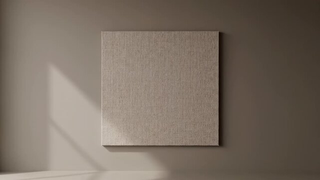 Perfectly steady tripod shot of a large clean square canvas centered on an empty taupe wall providing maximum negative space for overlay graphics perfectly, steady, shot