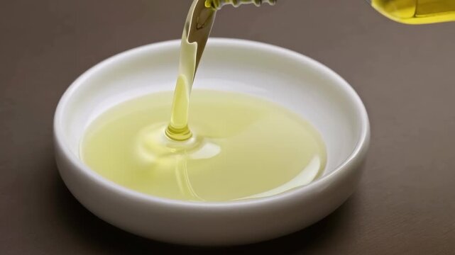 Pouring cold-pressed olive oil into white bowl close up