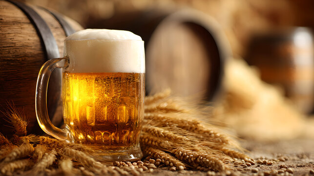 Frothy Beer Mug With Hops And Wheat In Dark Barrel Cellar Setting
