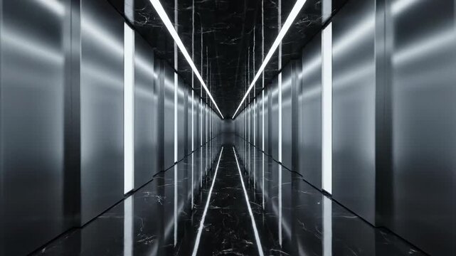 Perfectly symmetrical architectural shot of an endless office corridor defined by strong geometric lines and pristine polished surfaces building, symmetrical, stability