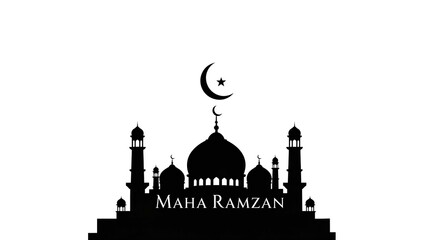 Fototapeta premium A classic Islamic illustration of a mosque silhouette with minarets under a crescent moon, representing peace, worship, and community during Ramadan and Eid. The balanced composition and clean design 