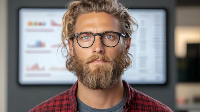 A man with fair skin, curly blonde hair, beard, and glasses poses. A chart is in the background