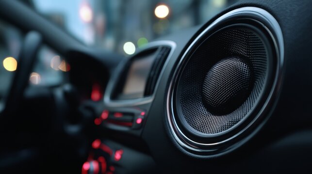 Close-up View of Car Audio Speaker With Soft Blurred Background in Modern Automobile Interior on a Night Drive