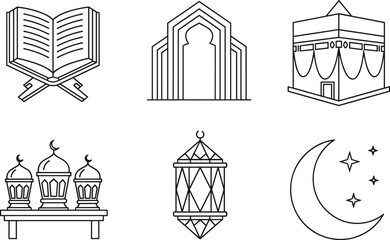 Fototapeta premium Islamic Symbolic Icon Set Featuring Open Quran on Rehal Kaaba Architecture Mosque Domes Ramadan Lantern and Crescent Moon with Stars in Modern Outline Style