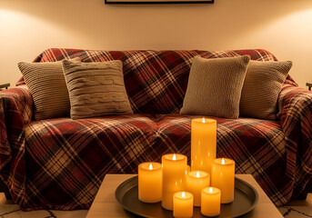Cozy Living Room with Plaid Sofa and Glowing Candles on Coffee Table