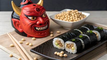 Japanese Sushi Rolls & Soybeans with Red Oni Mask - Traditional Food Presentation