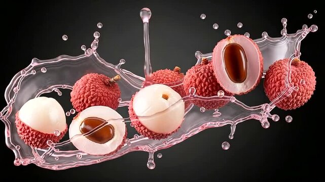 Fresh Lychee Fruit Splashing in Water Against a Dark Background.
