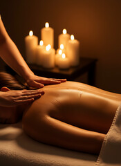 Woman Receiving Back Massage with Candles Lit in Spa Room