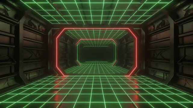 Futuristic corridor with neon grid pattern and red octagonal frame viewed from the entrance